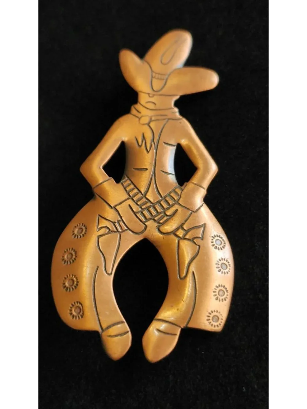Vintage Bell Trading Post Solid Copper Cowboy Pin Brooch Whimsical Western Desig